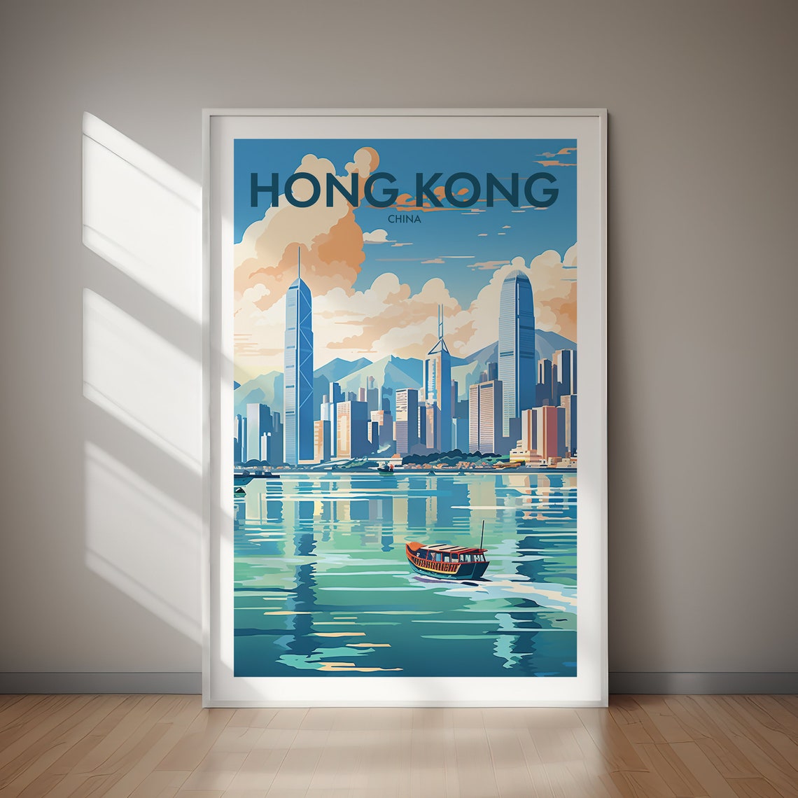 Hong Kong China Harbor Skyline Junk Boat Vintage Travel Poster
