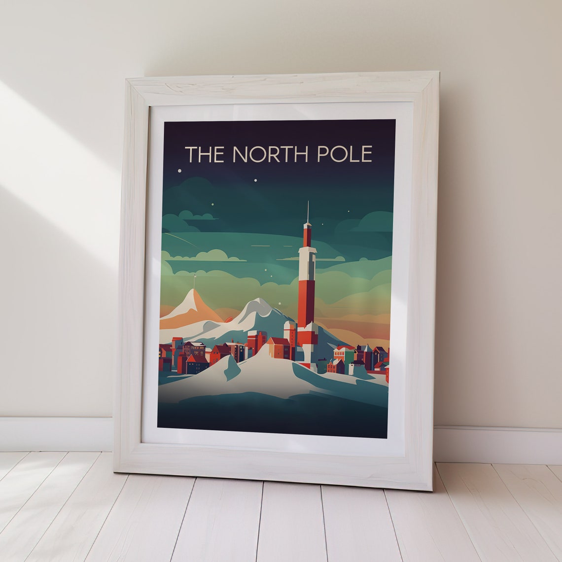 The North Pole Lighthouse Harbor Town Night Snow Mountains Poster - Image 2