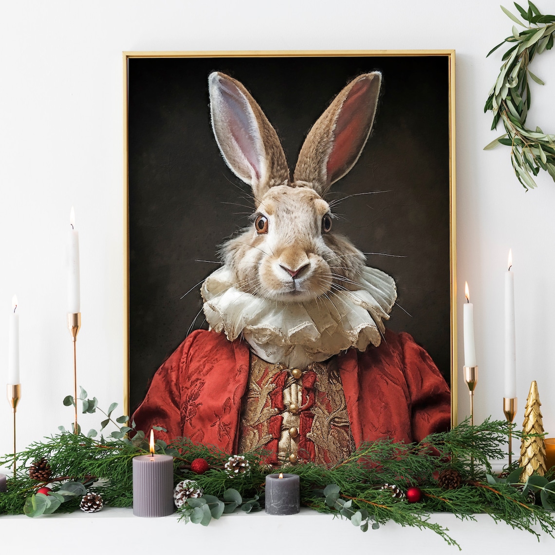 Christmas Rabbit Vintage Portrait, Renaissance Animal Art Print