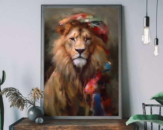 Vintage Lion Portrait Art Print Renaissance Animal Painting Human Body Unique Aristocrat