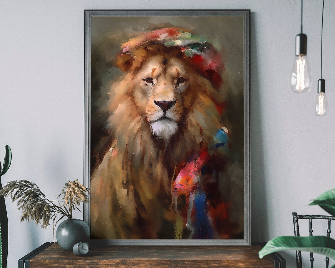Regal Lion In Colorful Cap Renaissance Animal Portrait Painting Poster