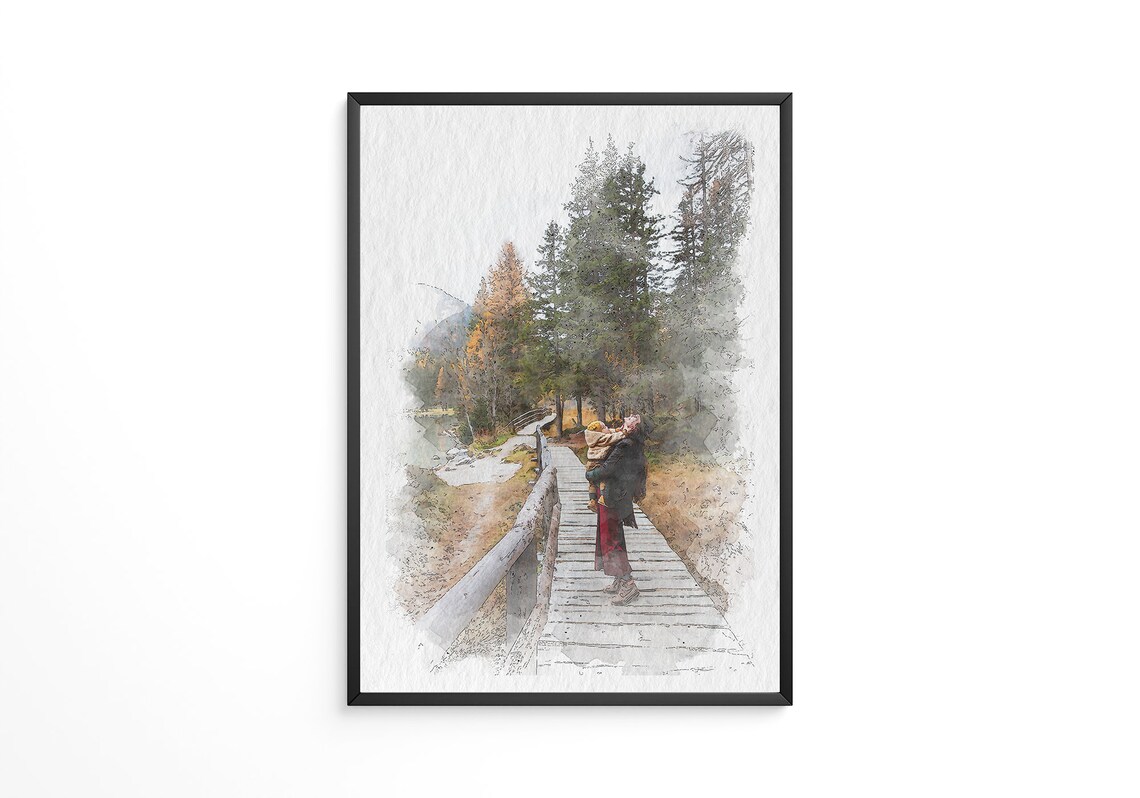 Watercolor Style Couple Portrait on a Forest Bridge Pathway Poster