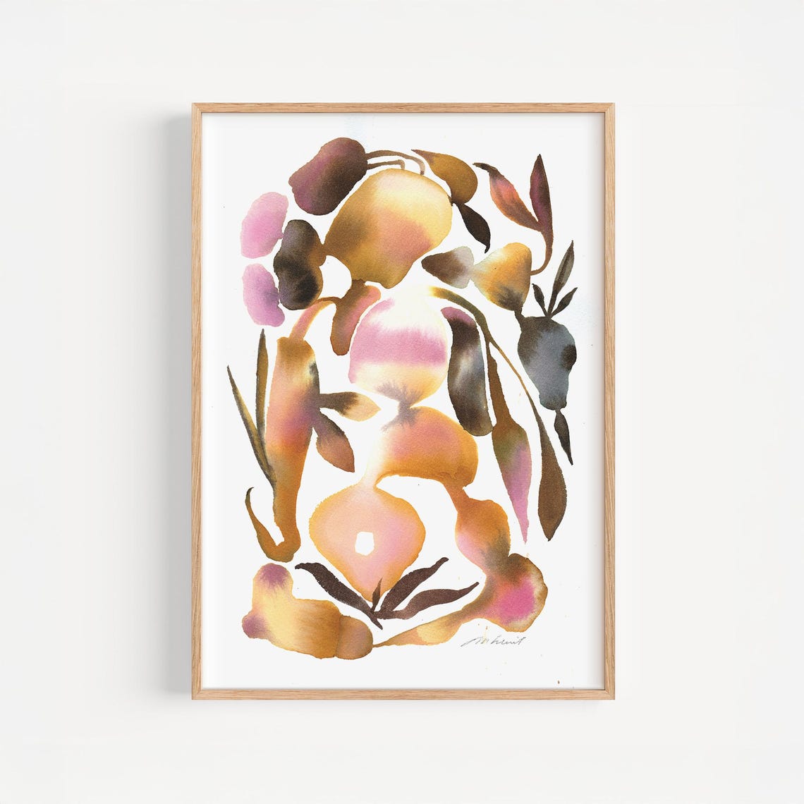 Earth Tone Amber Pink Botanical Watercolor Floral Art Poster