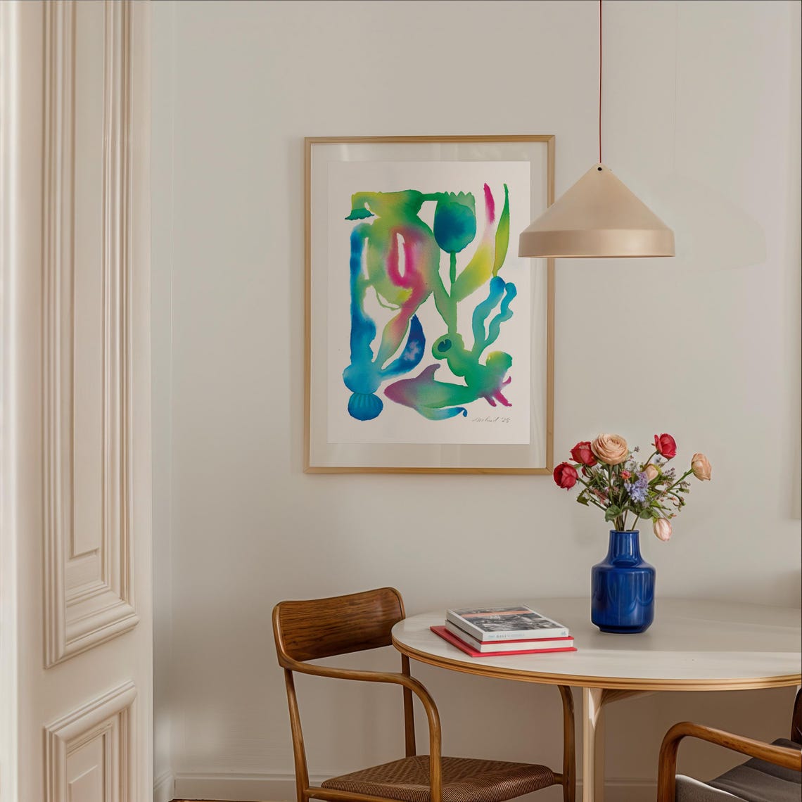 Abstract Botanical Watercolor Shapes in Teal Green and Rose Poster - Image 2