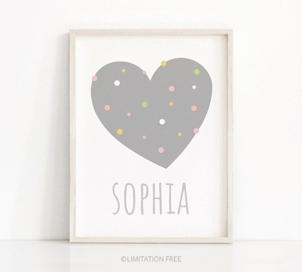 Sophia Name Grey Heart Confetti Nursery Print Baby Girl Wall Art