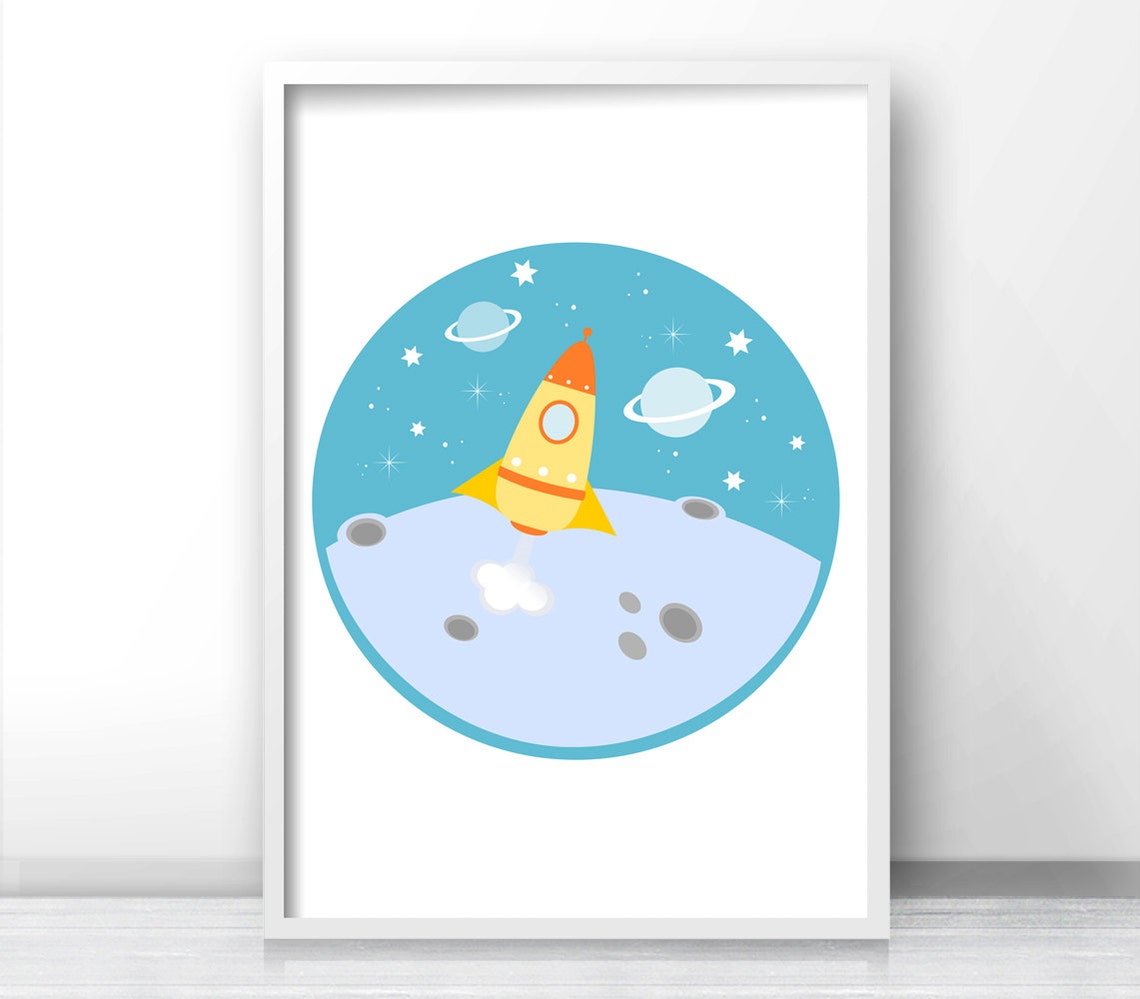 Rocket Launching From Moon Outer Space Kids Nursery Wall Poster Decor - Image 3