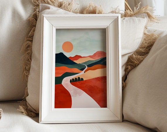 Boho Mountain Landscape Print Abstract Sunset Road