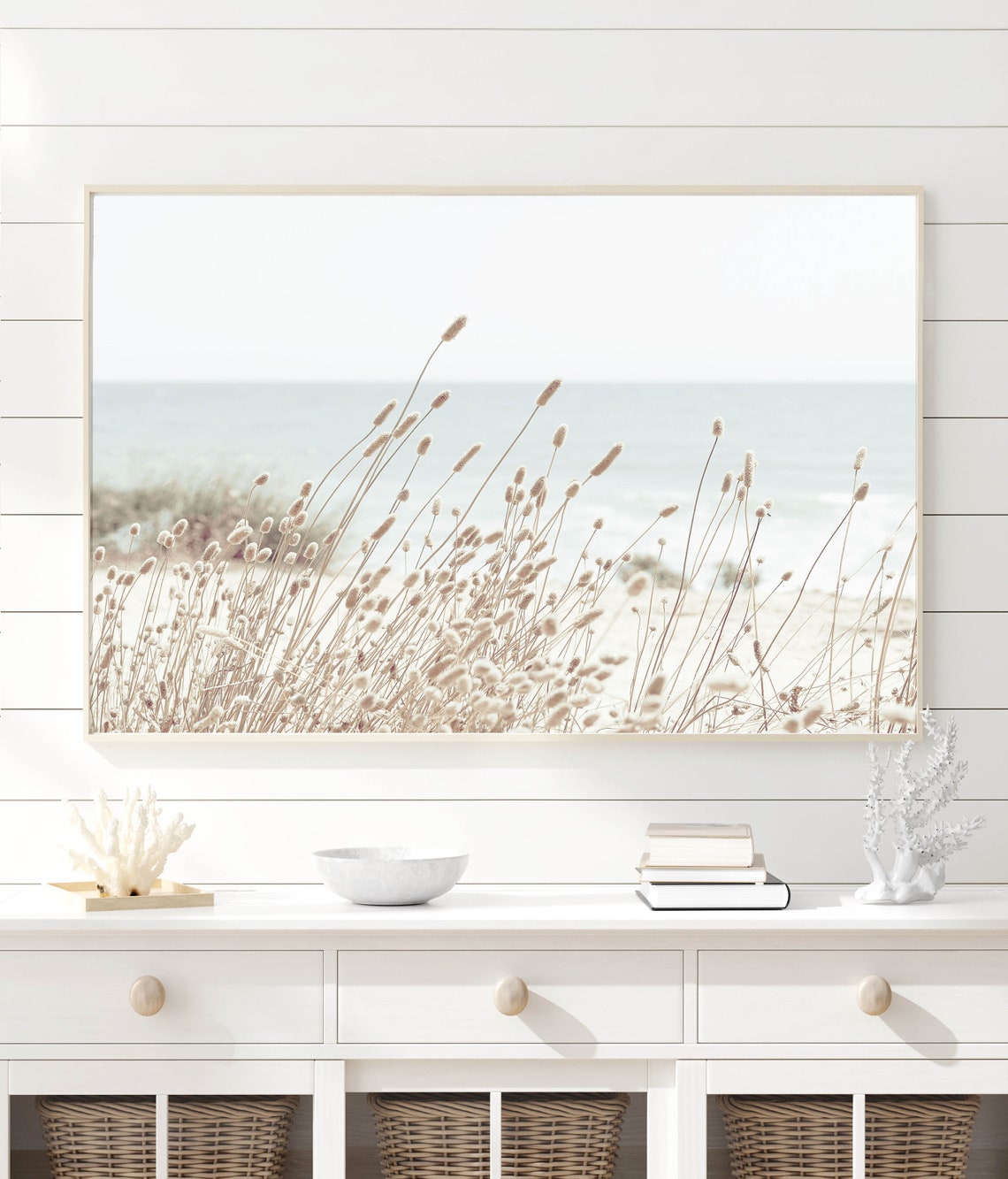 Calm Neutral Beach Grass Blowing Before a Soft Ocean View Poster