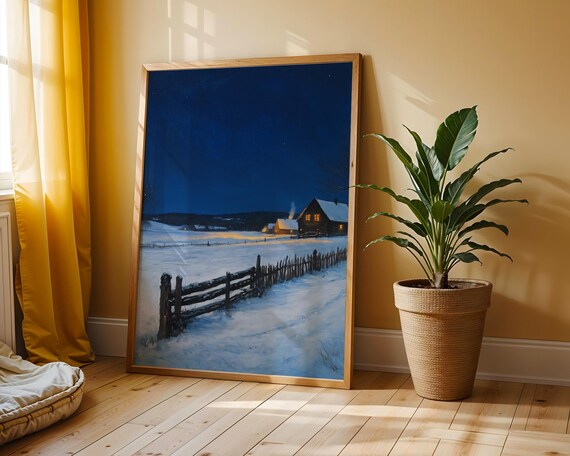 Silent Winter Night Snowy Countryside Cabin Moonlight Art Poster