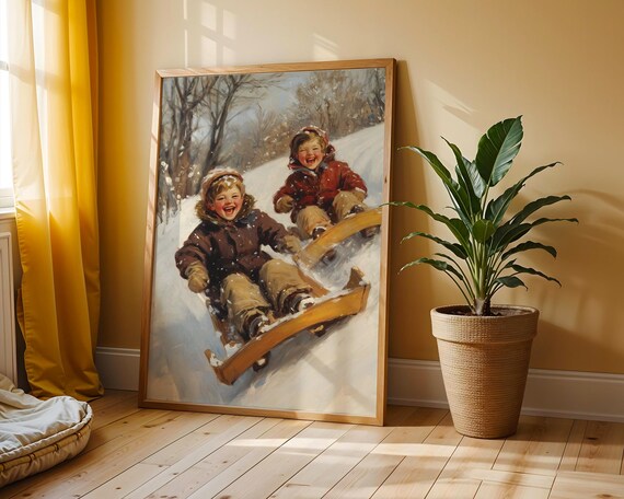 Joyful Sledding Children Snowy Hill Vintage Winter Scene Poster