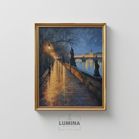 Rainy Spring Twilight In Prague Charles Bridge At Dusk Moody Gothic Cityscape Vintage European Travel Art Wall Decor 277
