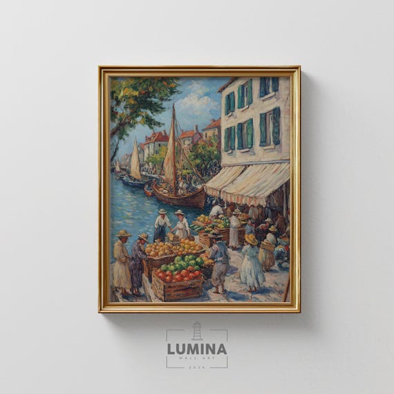 Lively Harbor Market In Summer Mediterranean Coastal Scene Rustic Fishing Town Warm Earthy Tones Vintage Wall Art 241