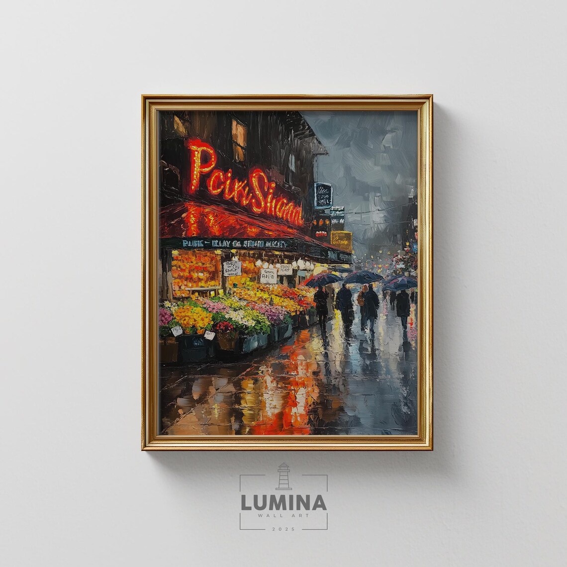 Rainy Night Vintage Flower Market Neon Glow Impressionist Art Poster