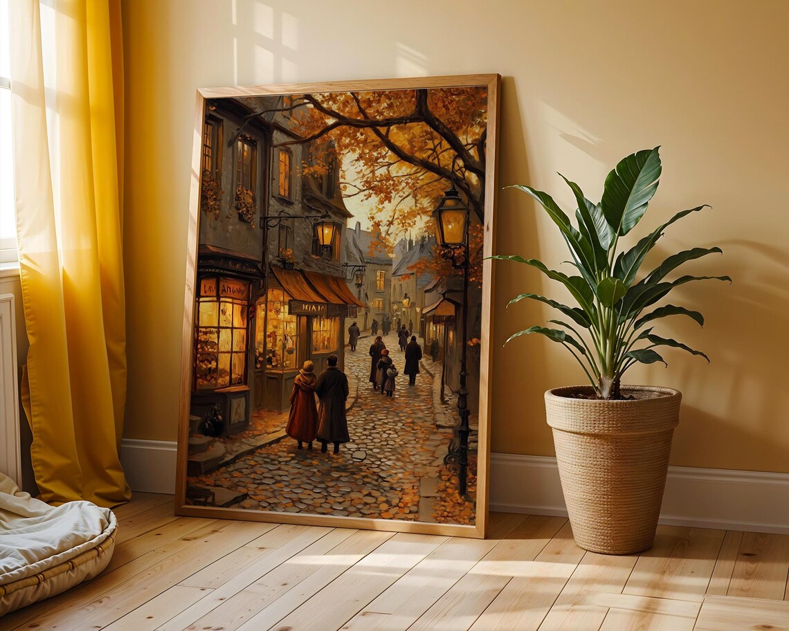 Autumn Cobblestone Street Old European Village Oil Painting Poster