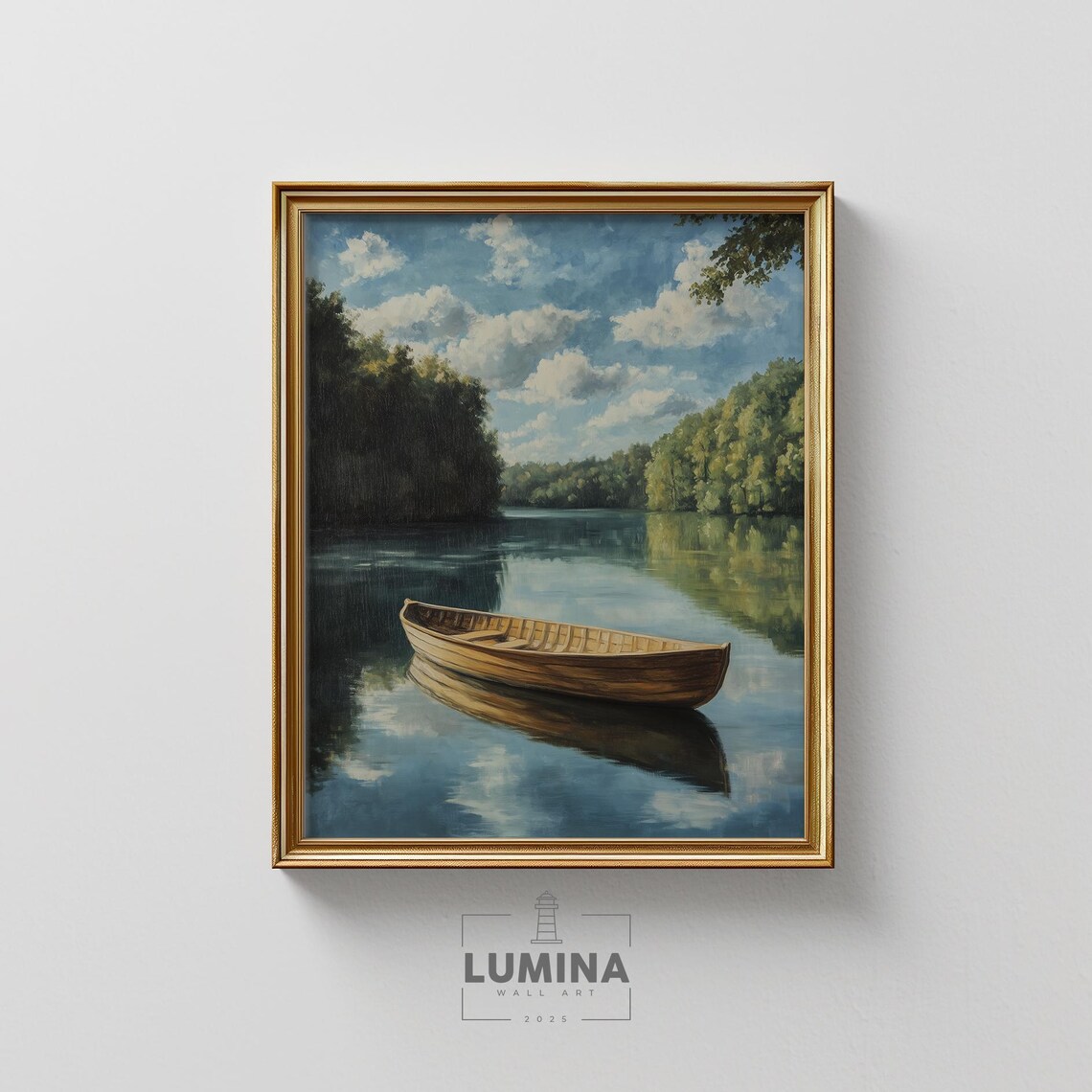 Wooden Rowboat Still Lake Mirror Water Serene Oil Painting Poster