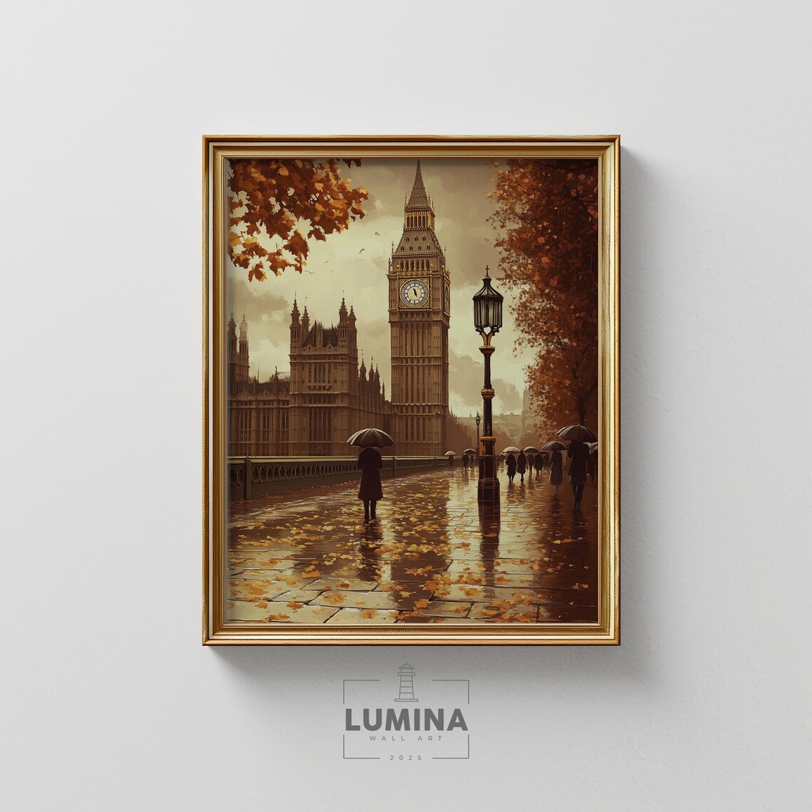 Big Ben Westminster Autumn Rain Umbrella Street Painting Poster