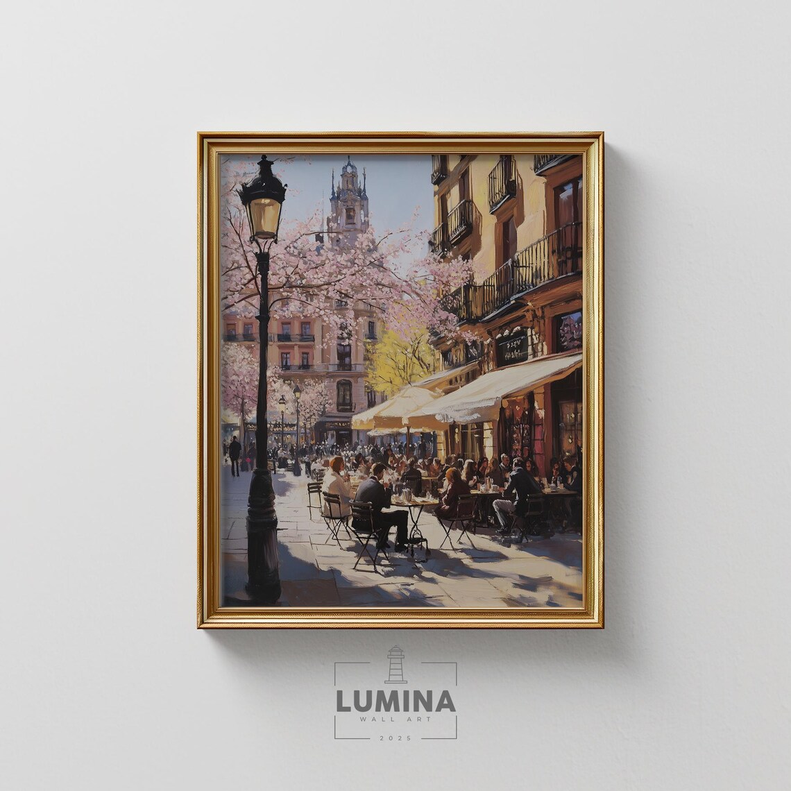 European Cafe Terrace Cherry Blossom Spring Street Scene Art Poster