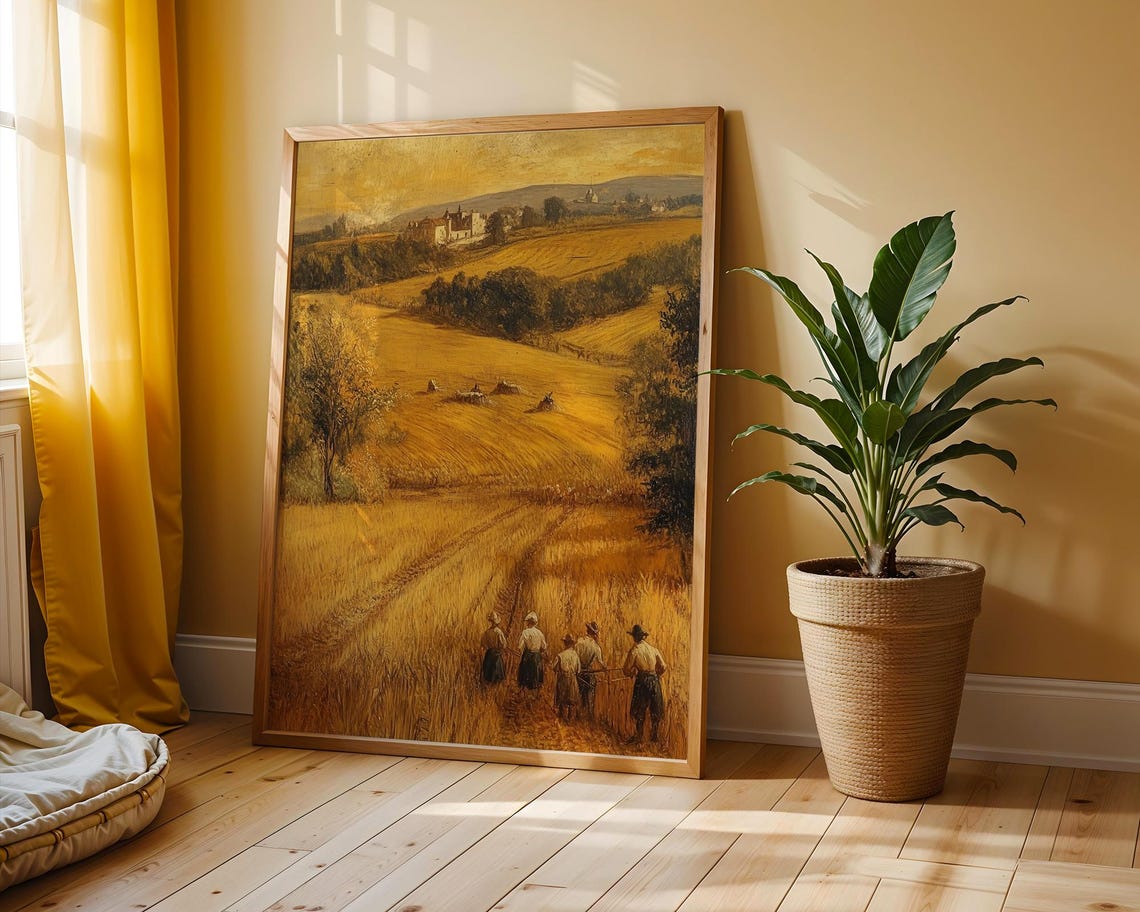 Harvest Season Farmers Rustic Autumn Landscape Golden Wheat Fields Country Farm Scene Earthy Warm Tones Art 5
