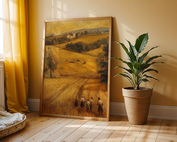 Harvest Season Farmers Rustic Autumn Landscape Golden Wheat Fields Country Farm Scene Earthy Warm Tones Art 5