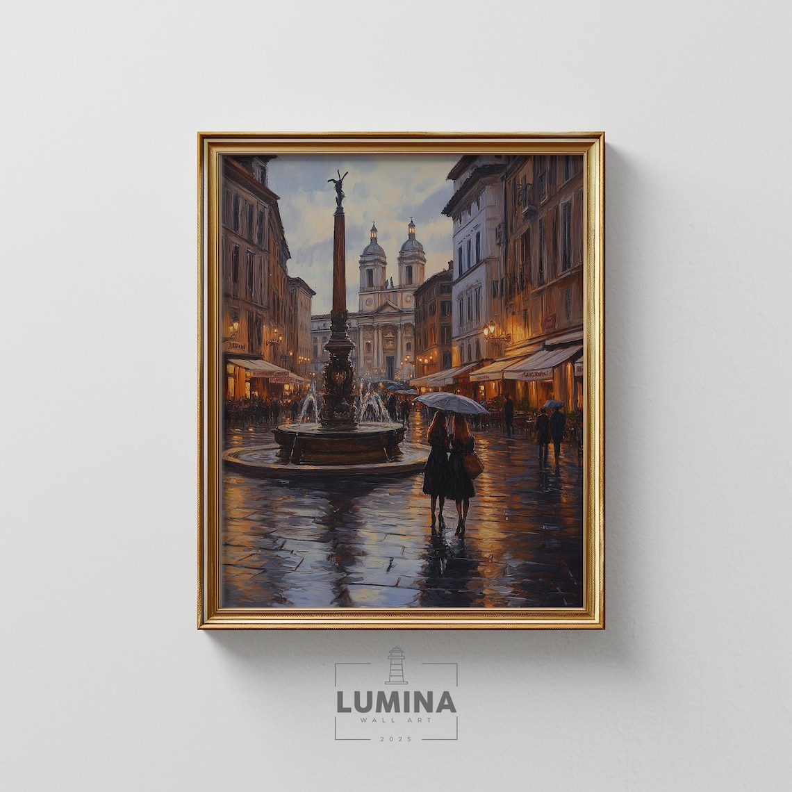 Piazza Navona Rome Rainy Evening Vintage Oil Painting Poster