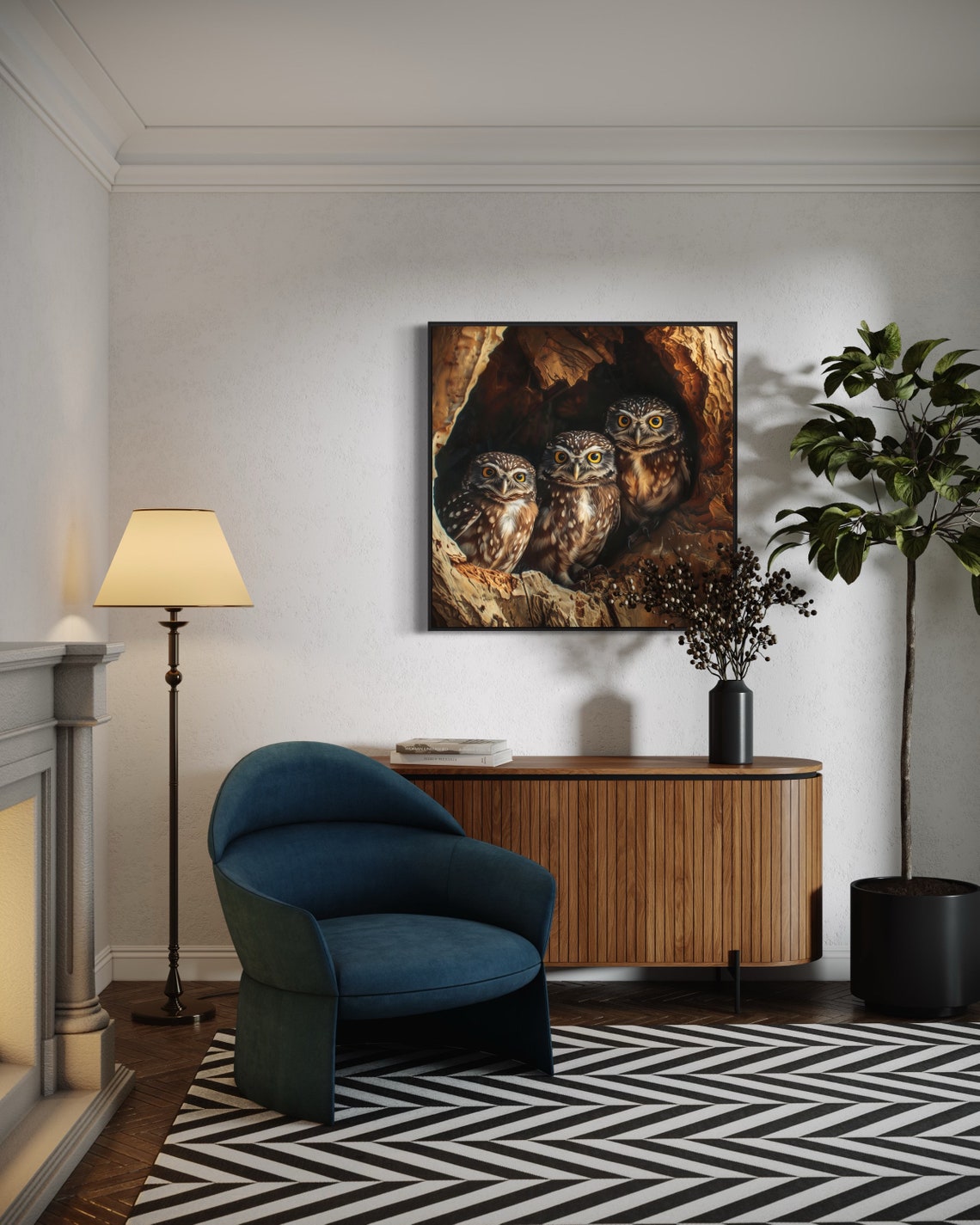 Adorable Trio Of Burrowing Owls Tree Hollow Portrait Art Print - Image 5