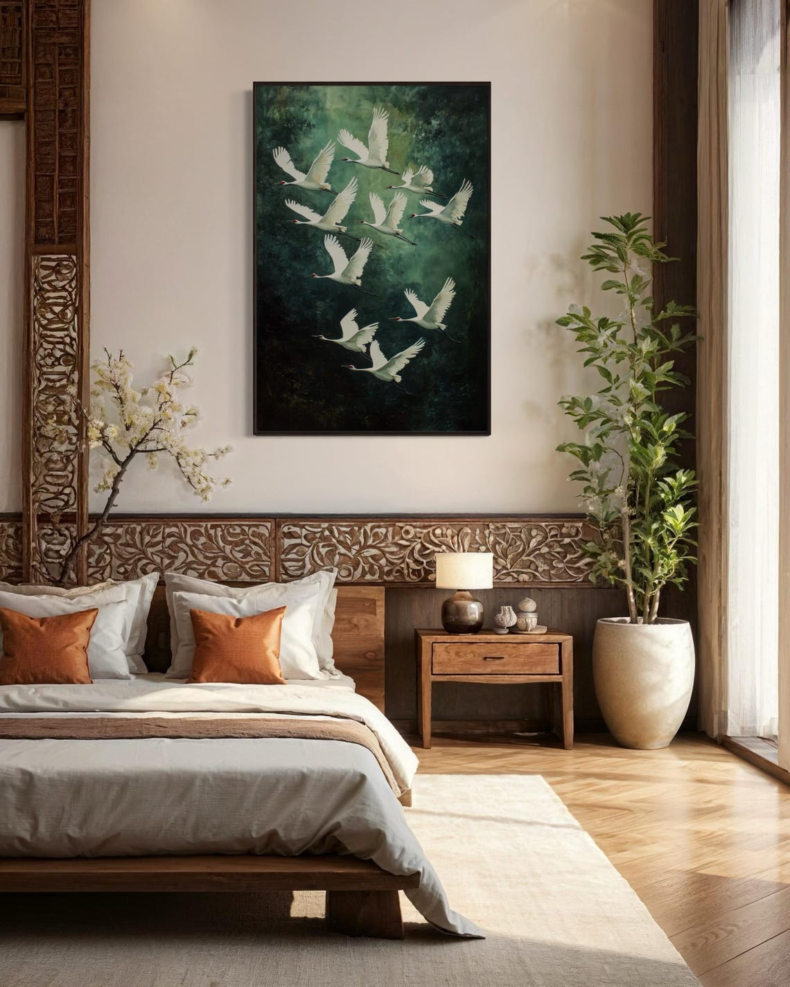 White Cranes Soaring Dark Emerald Sky Elegant Bird Wildlife Art Poster - Image 2