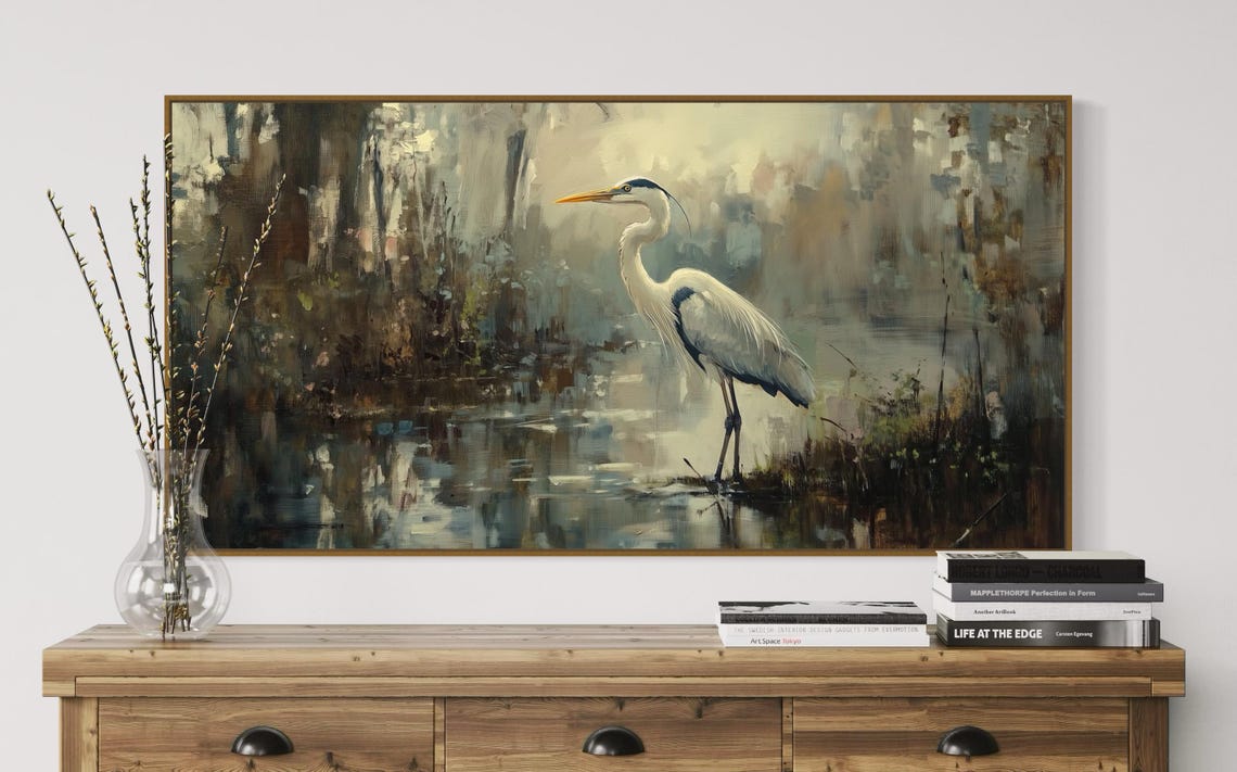 Blue Heron Moody Marshland Muted Tones Elegant Bird Wall Art Print