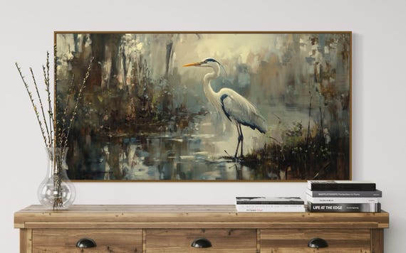 Blue Heron Wall Art Moody Marshland Print With Muted Colors Elegant Bird Decor For Lake House Or Above Bed Decor