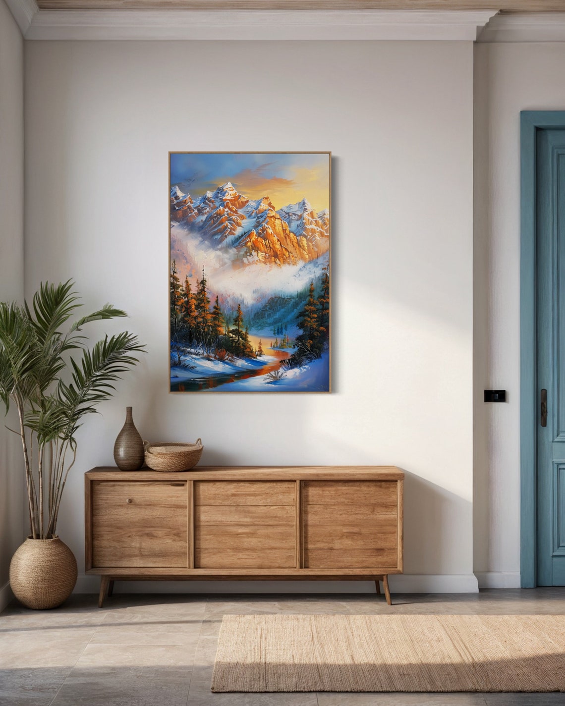 Sunrise Snowy Mountain Peaks Golden Alpine Glow River Pines Art Poster - Image 4