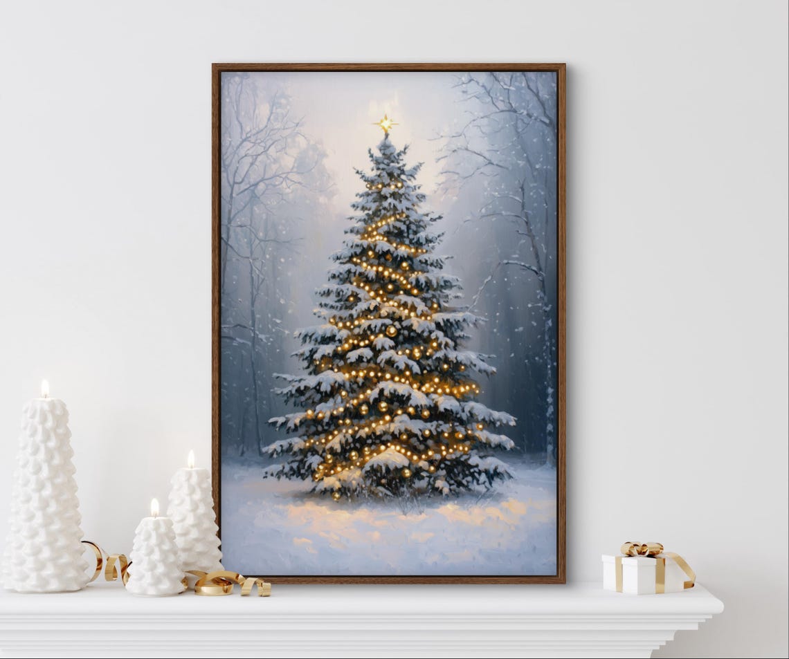 Glowing Christmas Tree Golden Lights Snowy Forest Winter Holiday Print