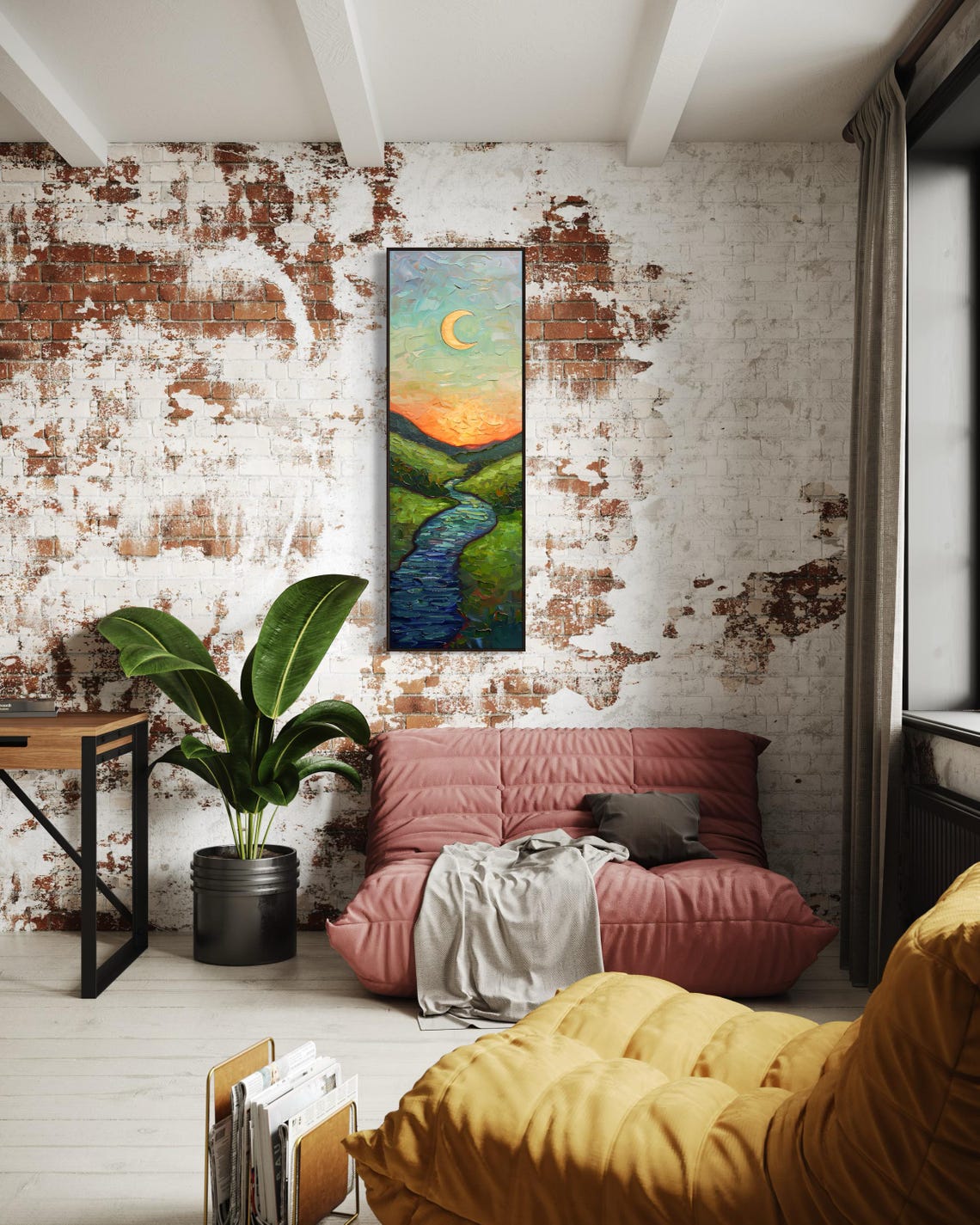 Dreamlike Moonlit River Tall Vertical Wall Art For Relaxing Narrow Wall Art Atmospheric Crescent Moon Night Landscape Print - Image 2