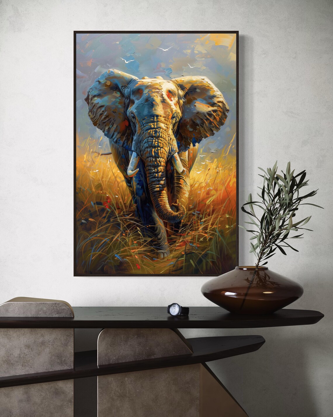Expressive African Elephant Golden Savanna Wildlife Painting Print - Image 3