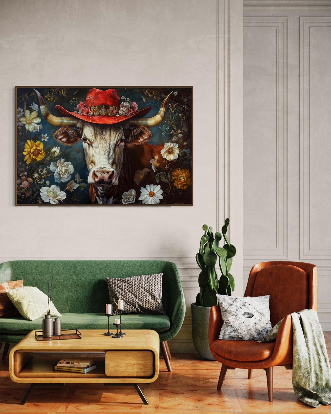 Whimsical Longhorn Cow Red Cowboy Hat Florals Rustic Western Poster - Image 4