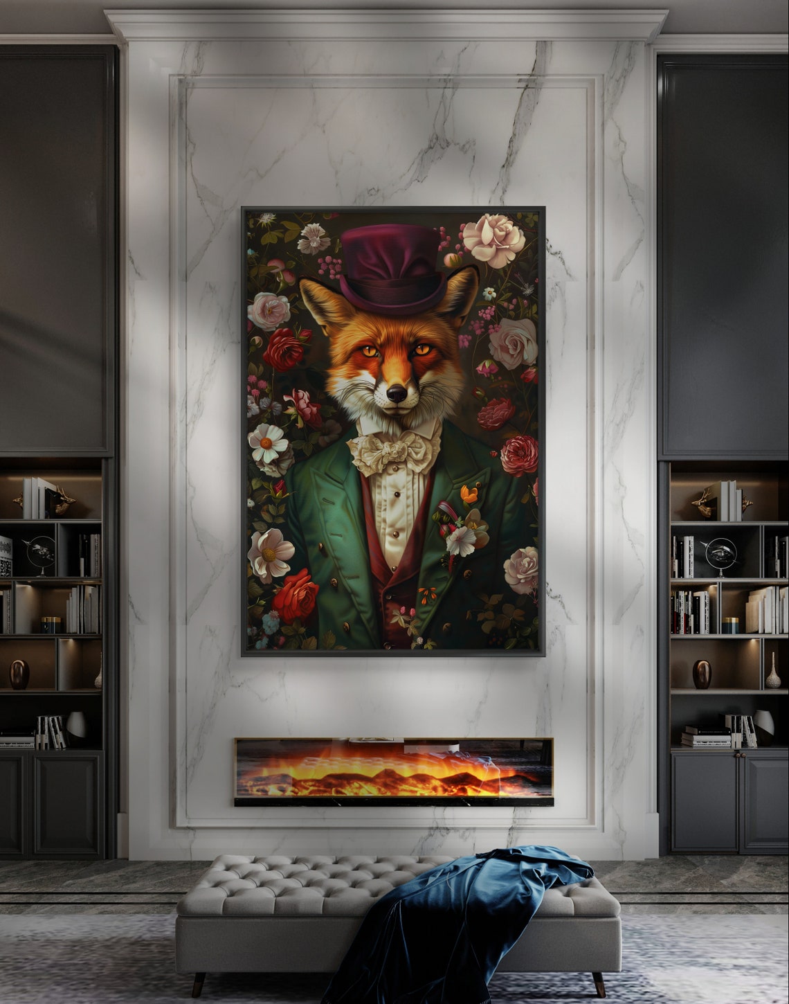 Victorian Fox Top Hat Green Coat Floral Whimsical Portrait Wall Art - Image 3