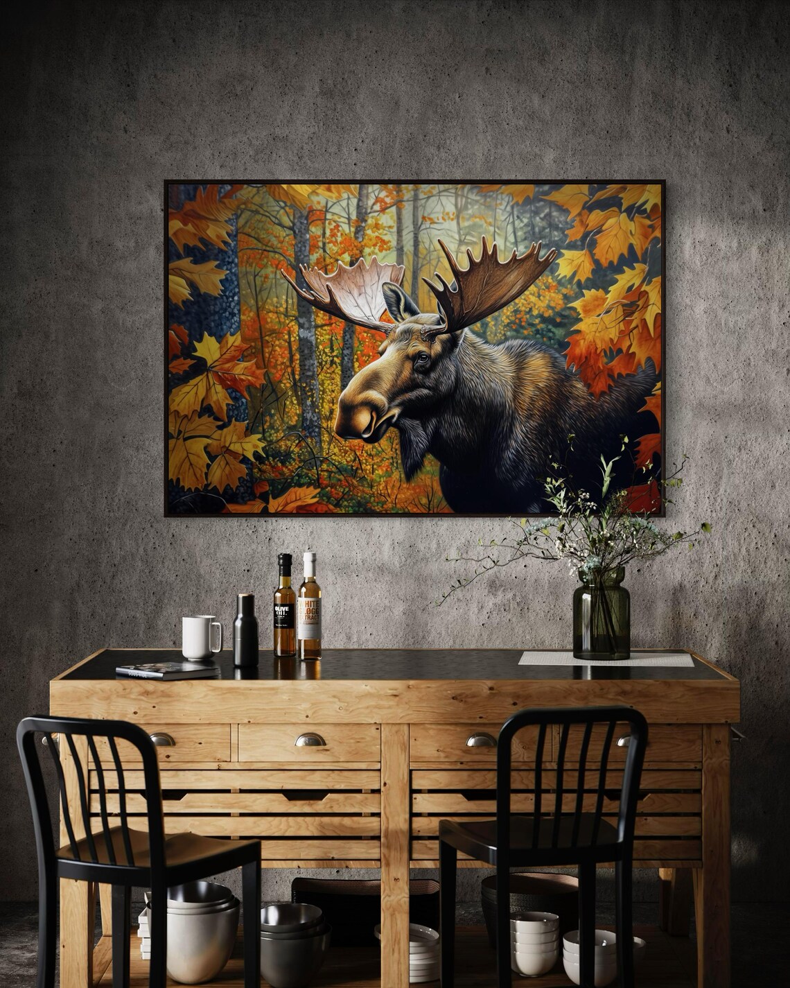 Moose Portrait Autumn Forest Realistic Bull Wildlife Painting Art Wall Poster - Image 2