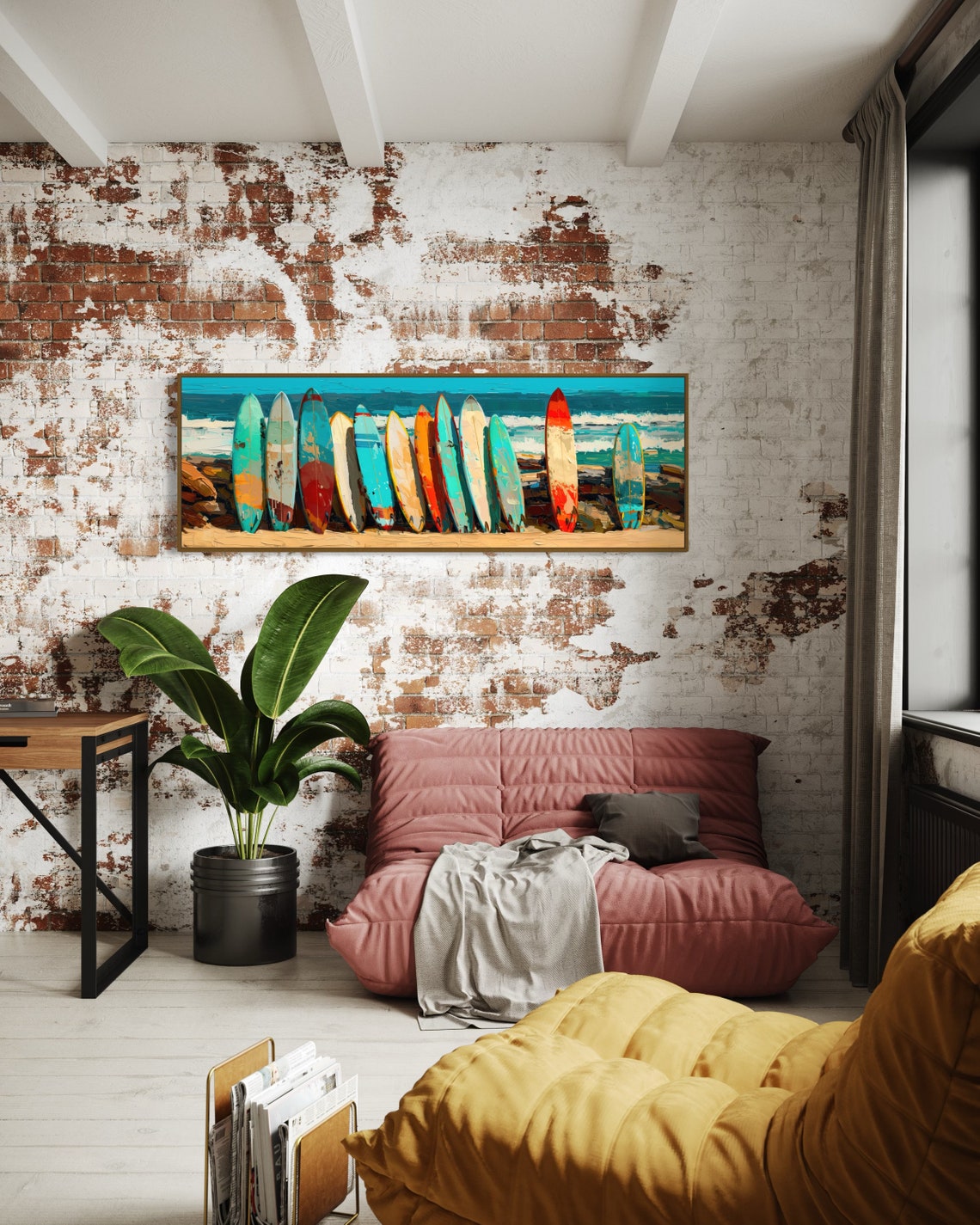Panoramic Surfboard Wall Art Coastal Beach House Decor Narrow Seascape Painting Print Rustic Above Bed Decor Horizontal Surfboard Decor - Image 4