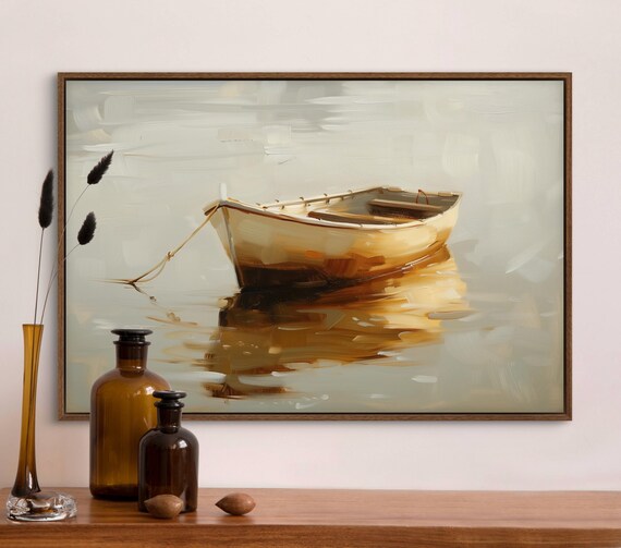 Golden Rowboat Serene Coastal Wall Art Peaceful Ocean Reflection Print Nautical Decor For Living Room Beach House
