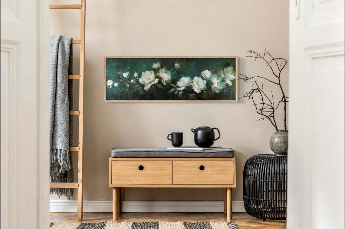 Moody White Magnolia Blossoms Dark Emerald Floral Panoramic Print - Image 2