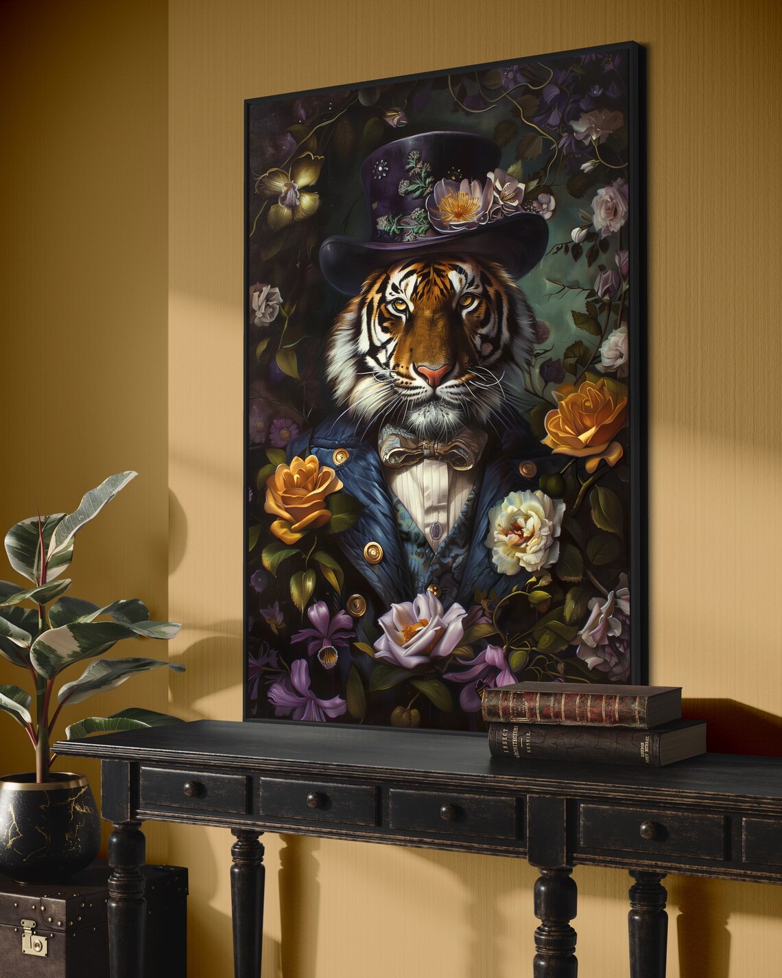 Victorian Tiger Portrait Top Hat Floral Dark Academia Animal Art Poster - Image 2