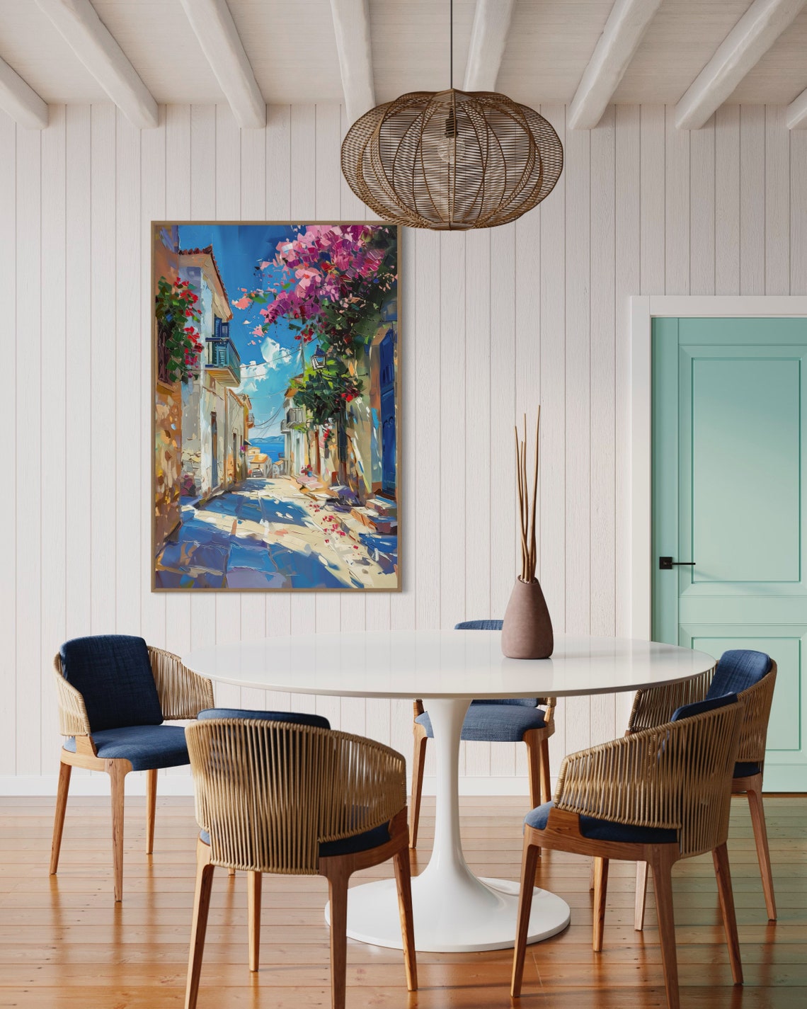 Sunny Greek Street Blooming Bougainvillea Blue Doors Sea View Poster - Image 2