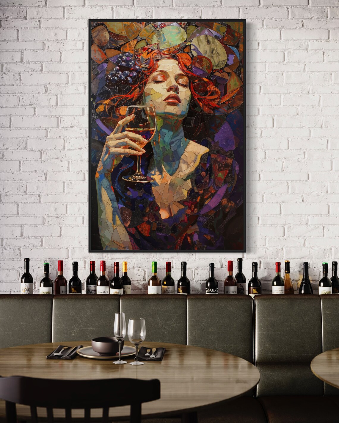 Mosaic Woman Red Wine Glass Vineyard Style Colorful Portrait Art Poster - Image 3