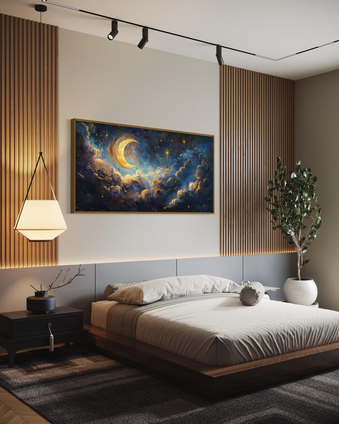 Dreamy Celestial Crescent Moon Wall Art Panoramic Starry Night With Golden Stars Mystical Clouds And Cosmic Inspired Art - Image 2