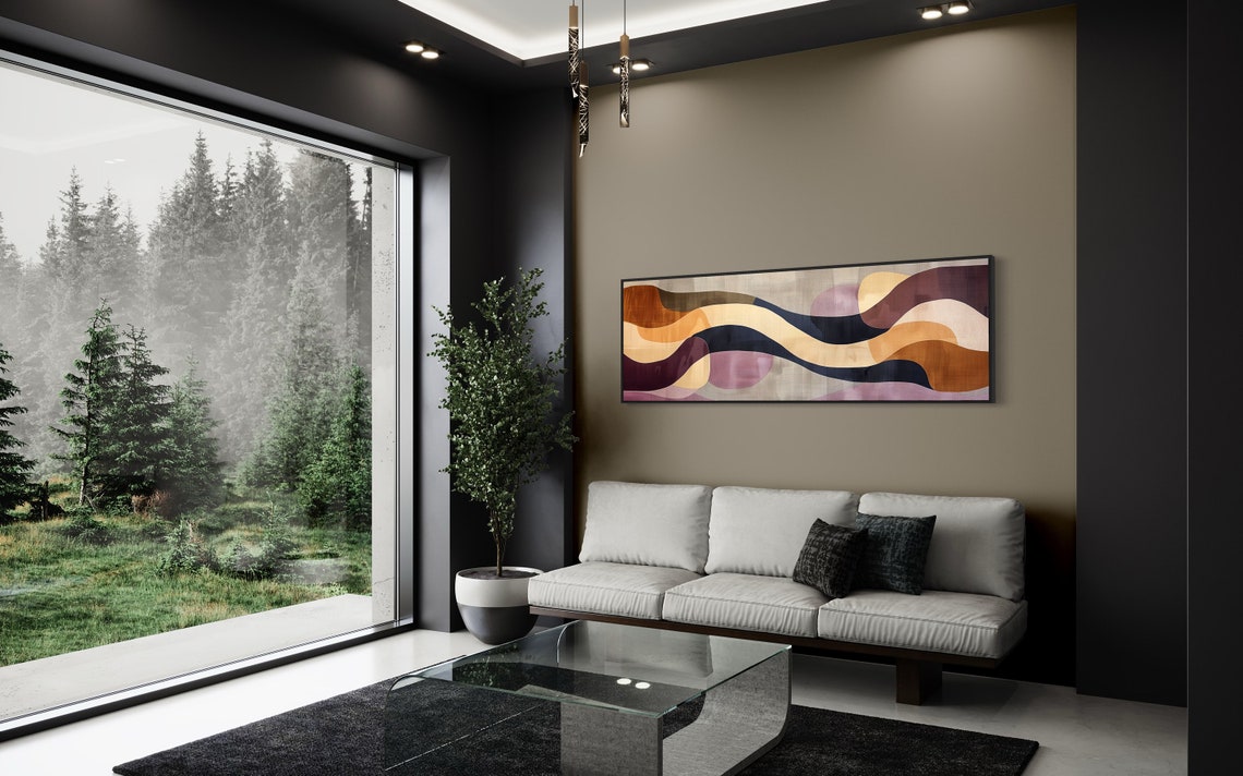 Geometric Rhythms Earthy Wavy Abstract Panoramic Mid Century Art Print - Image 2