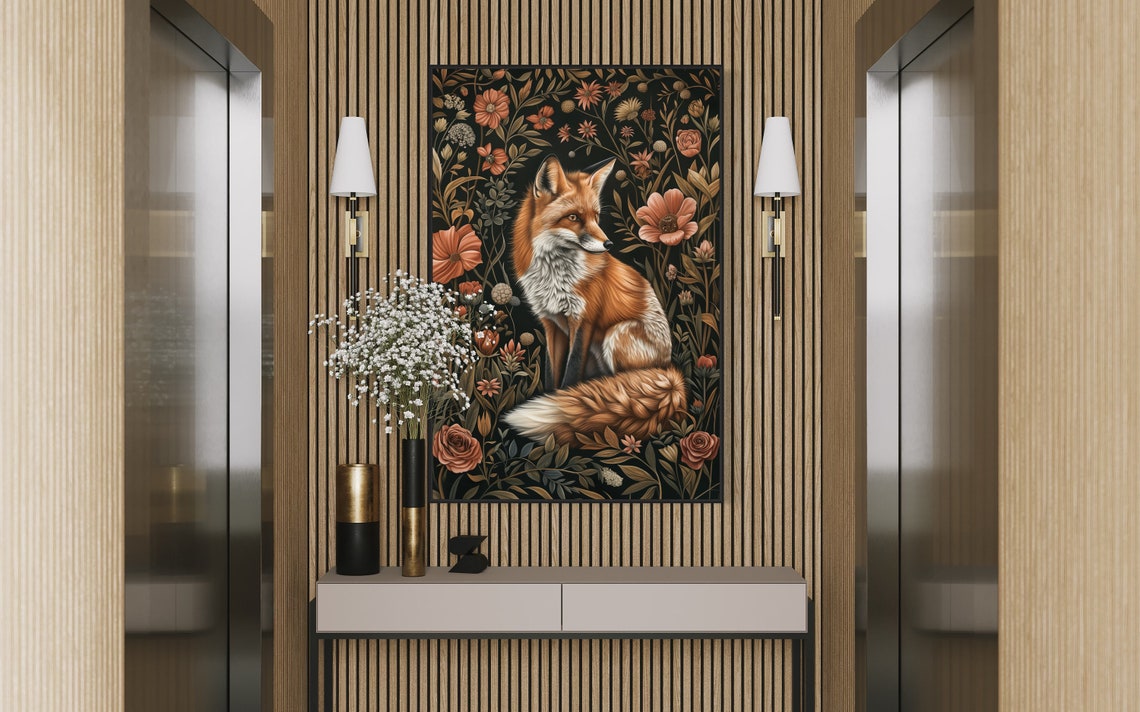 Whimsical Red Fox Dark Floral Botanical William Morris Style Print - Image 4
