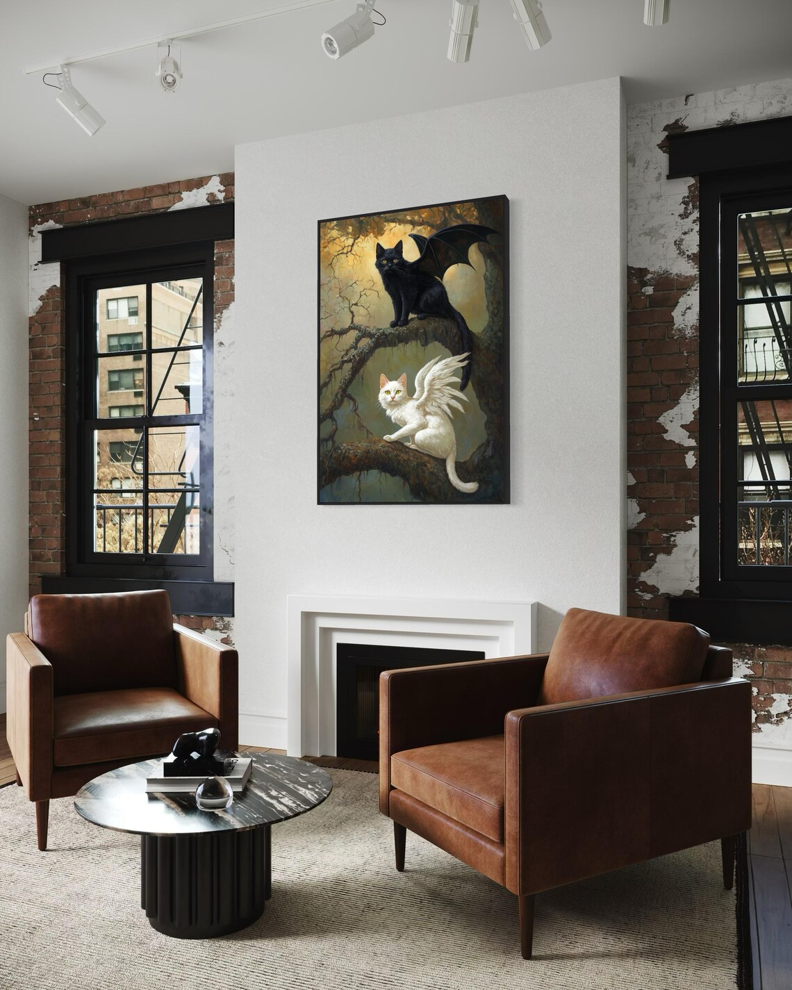 Fantasy Cat Print, Gothic Winged Cats in Forest - Image 2