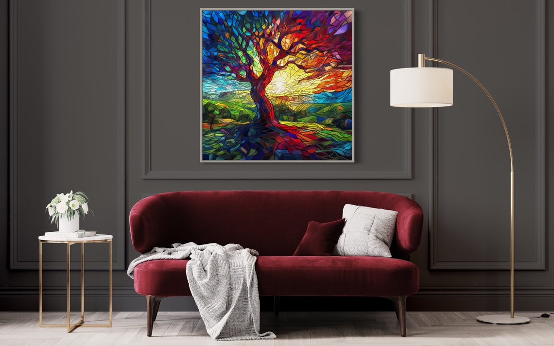 Rainbow Stained Glass Tree Of Life Mosaic With Bright Sun Print - Image 3