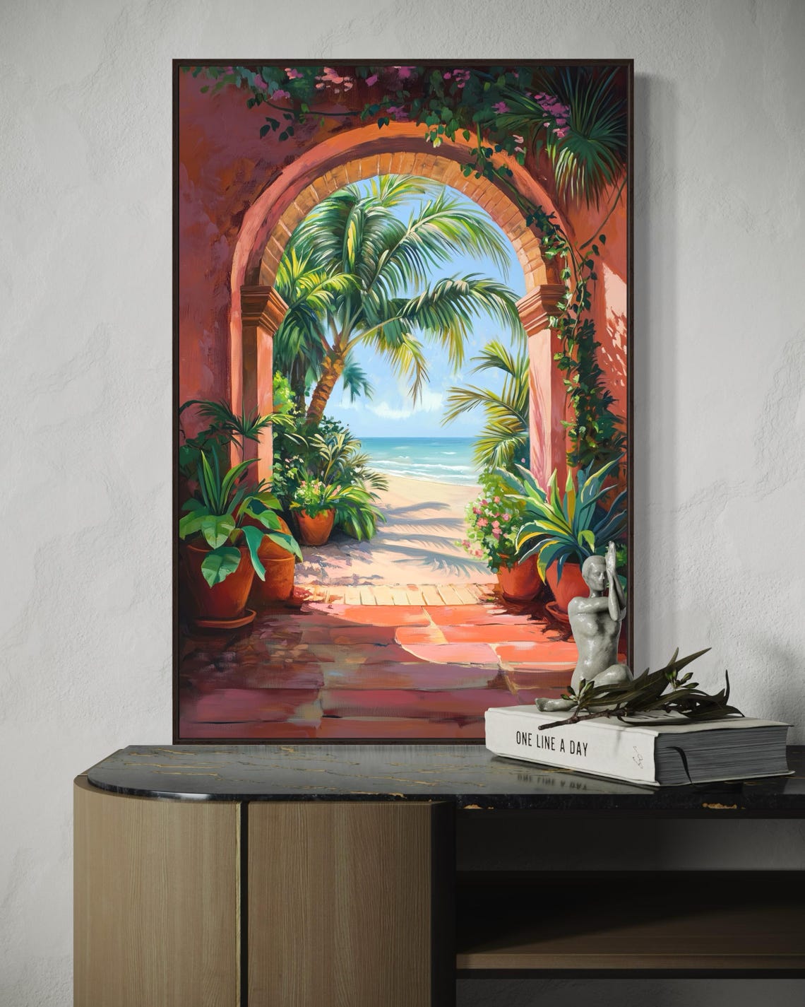 Tropical Beach View Through Terracotta Arch Palm Trees Poster - Image 5