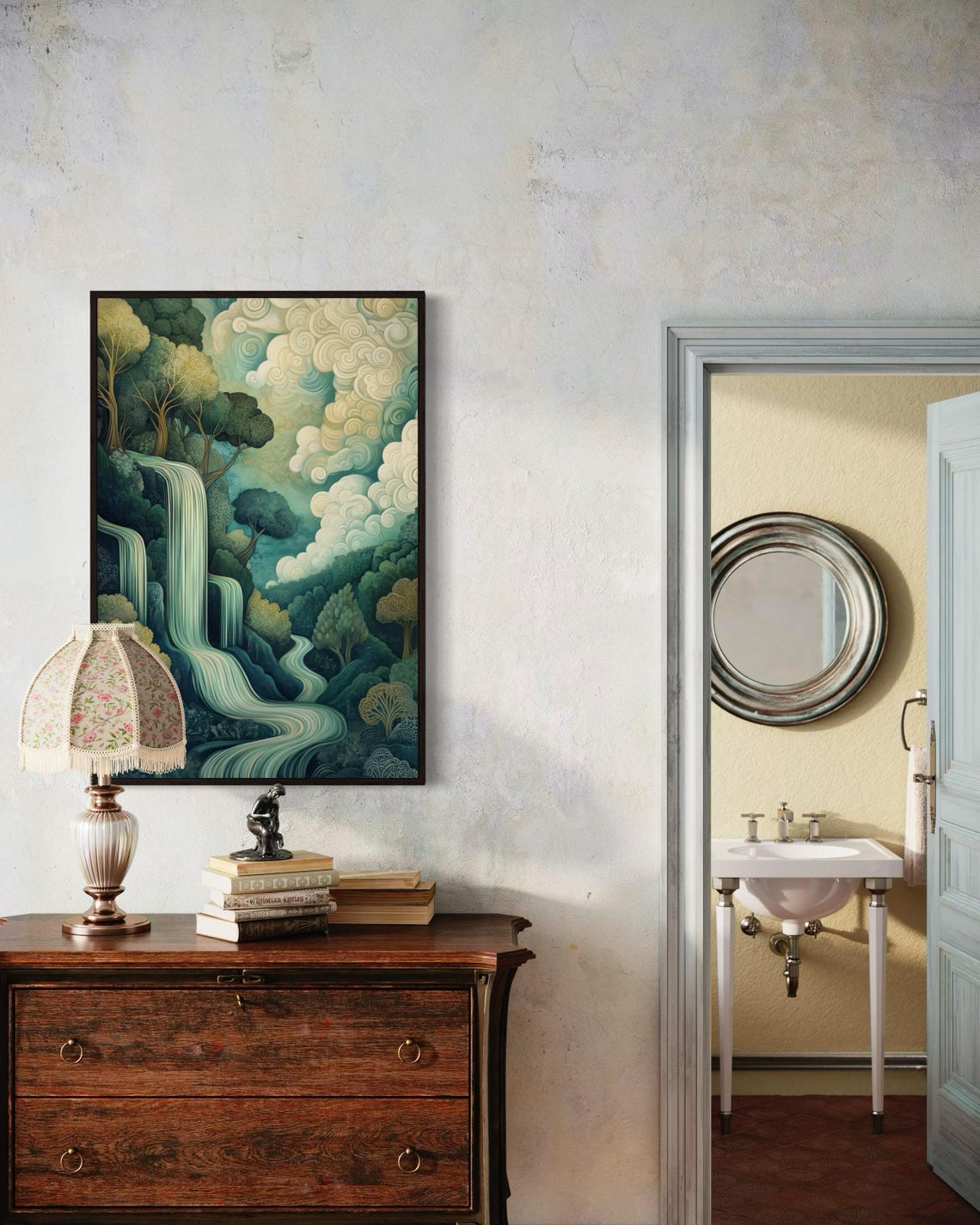 Dreamy Teal Waterfall Enchanted Forest Whimsical Nature Wall Poster - Image 3