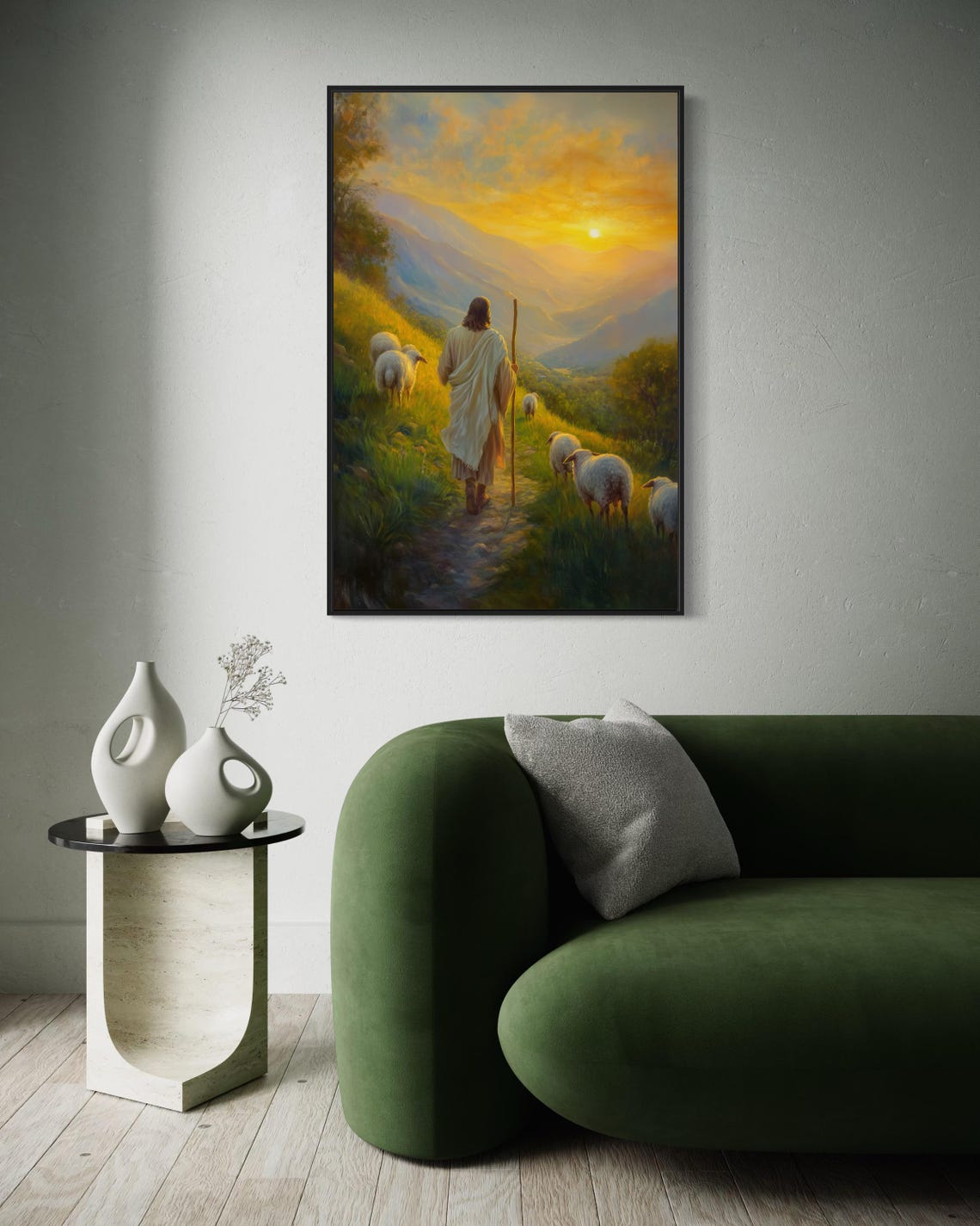 Good Shepherd Jesus Sheep Golden Sunset Mountain Path Faith Art Poster - Image 2