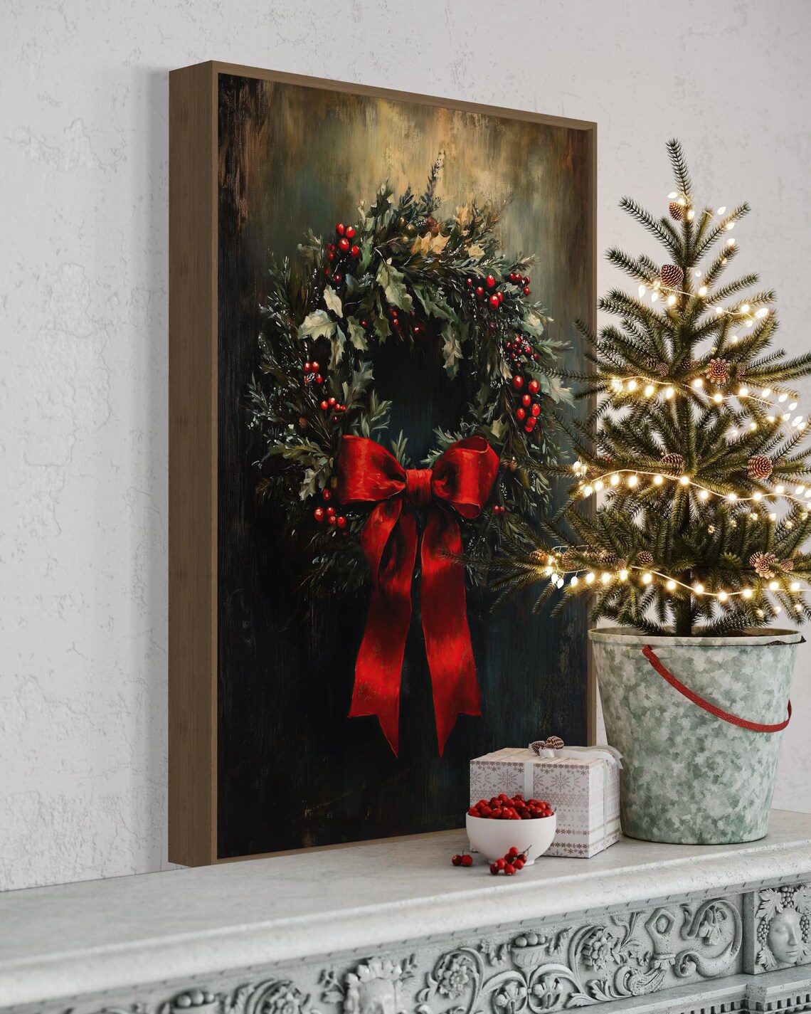 Vintage Christmas Wreath, Rustic Holiday Art Print - Image 4